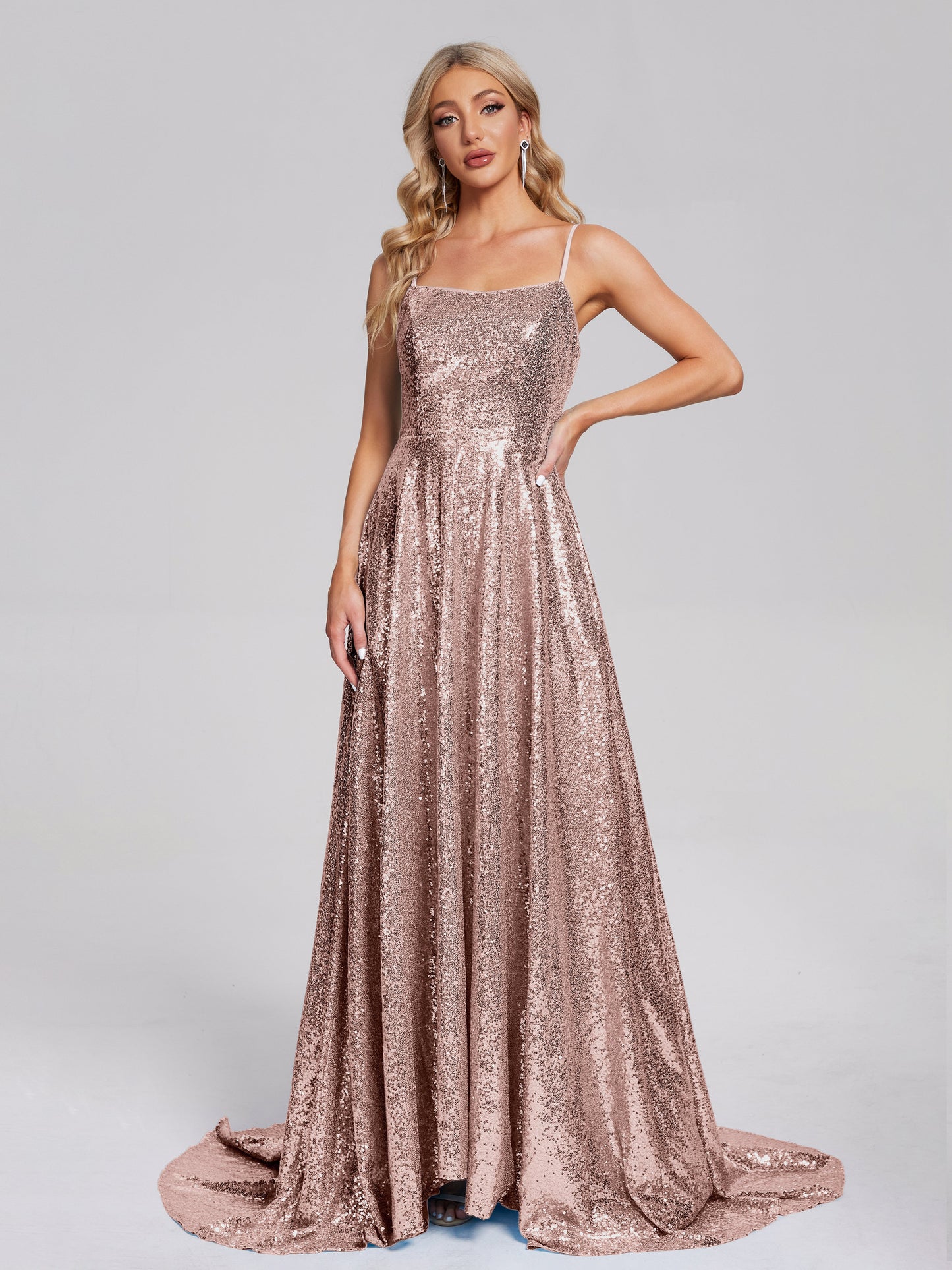 Lyric Spaghetti Straps Square Neck Sequins Bridesmaid Dress