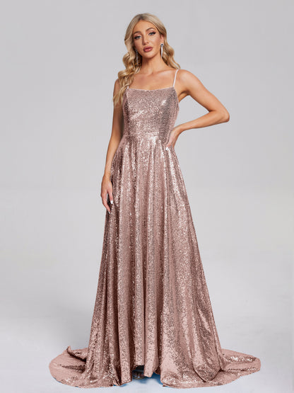 Lyric Spaghetti Straps Square Neck Sequins Bridesmaid Dress
