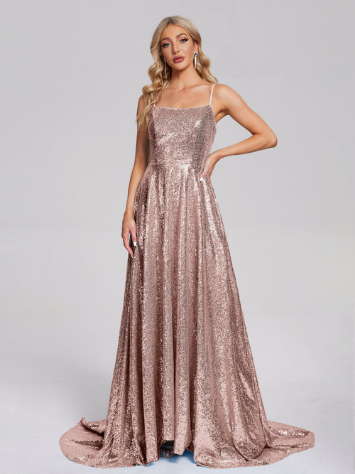 Lyric Spaghetti Straps Square Neck Sequins Bridesmaid Dress