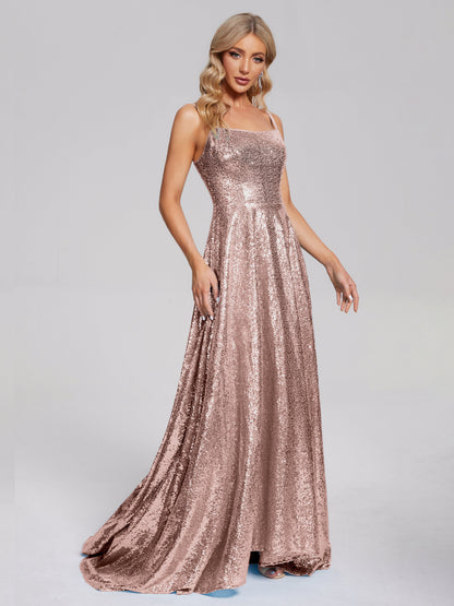 Lyric Spaghetti Straps Square Neck Sequins Bridesmaid Dress
