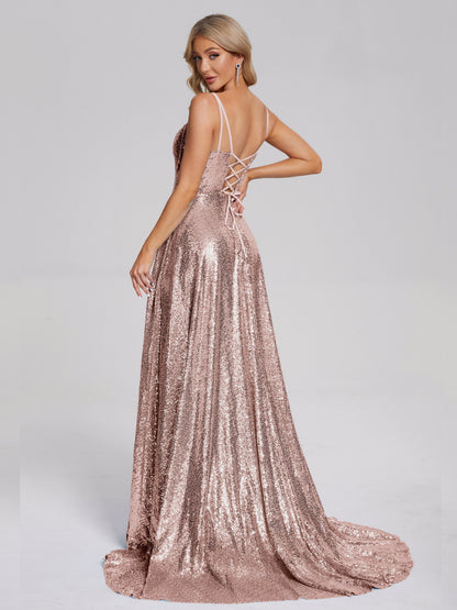 Lyric Spaghetti Straps Square Neck Sequins Bridesmaid Dress