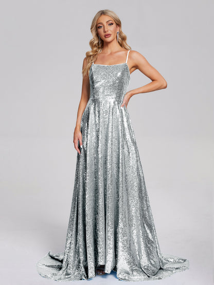Lyric Spaghetti Straps Square Neck Sequins Bridesmaid Dress