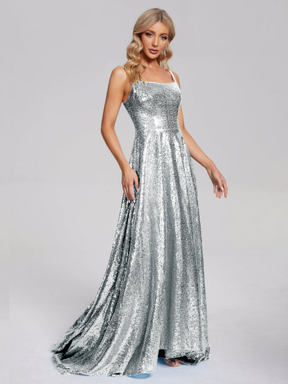 Lyric Spaghetti Straps Square Neck Sequins Bridesmaid Dress