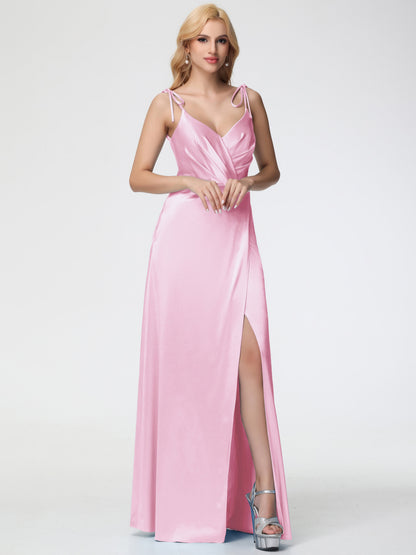 Blush Pink Multiway Bridesmaid Dresses Spaghetti Straps V-Neck Ruched Floor Length Stretch Satin Bridesmaid Dress With Slit