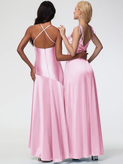 Blush Pink Multiway Bridesmaid Dresses Spaghetti Straps V-Neck Ruched Floor Length Stretch Satin Bridesmaid Dress With Slit
