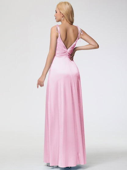 Blush Pink Multiway Bridesmaid Dresses Spaghetti Straps V-Neck Ruched Floor Length Stretch Satin Bridesmaid Dress With Slit