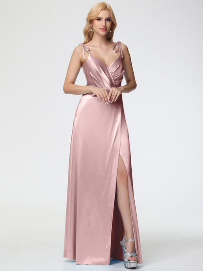 Bridesmaid Dresses Dusty Rose Spaghetti Straps V-Neck Ruched Floor Length Stretch Satin Bridesmaid Dress With Slit