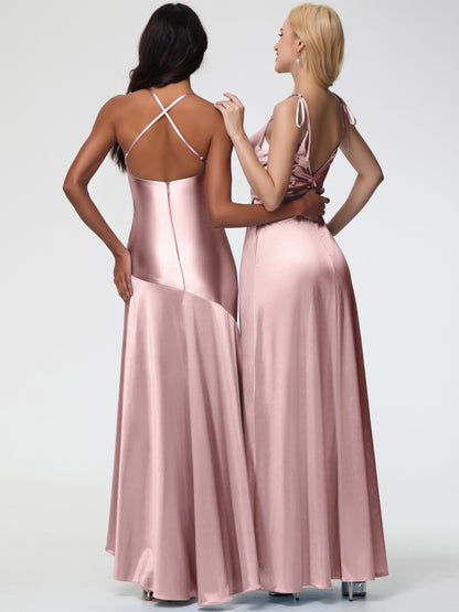 Bridesmaid Dresses Dusty Rose Spaghetti Straps V-Neck Ruched Floor Length Stretch Satin Bridesmaid Dress With Slit