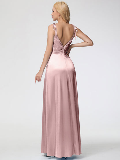 Bridesmaid Dresses Dusty Rose Spaghetti Straps V-Neck Ruched Floor Length Stretch Satin Bridesmaid Dress With Slit