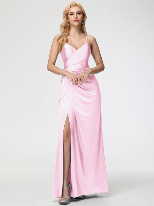 Blush Pink Bridesmaid Dresses Spaghetti Straps V-Neck Floor Length Stretch Satin Bridesmaid Dress With Slit