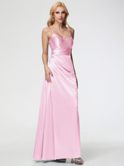 Blush Pink Bridesmaid Dresses Spaghetti Straps V-Neck Floor Length Stretch Satin Bridesmaid Dress With Slit