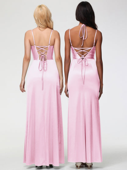 Blush Pink Bridesmaid Dresses Spaghetti Straps V-Neck Floor Length Stretch Satin Bridesmaid Dress With Slit
