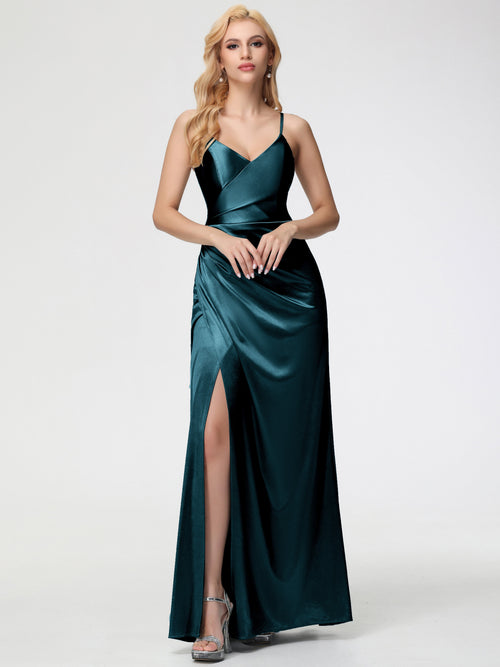 Bridesmaid Dresses Peacock Spaghetti Straps V-Neck Floor Length Stretch Satin Bridesmaid Dress With Slit