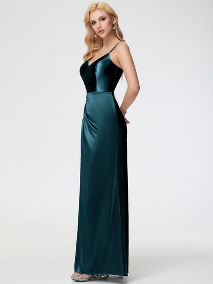 Bridesmaid Dresses Peacock Spaghetti Straps V-Neck Floor Length Stretch Satin Bridesmaid Dress With Slit