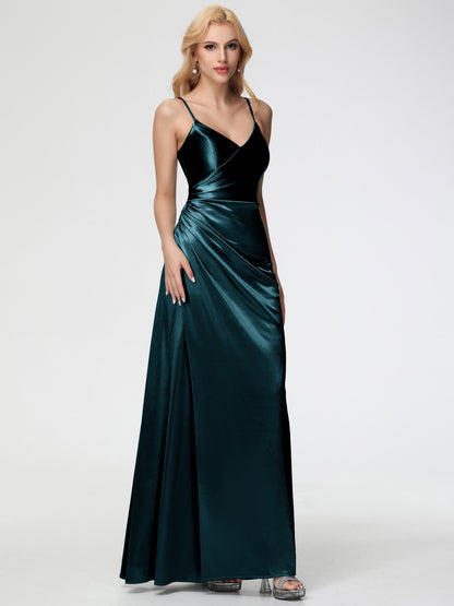 Bridesmaid Dresses Peacock Spaghetti Straps V-Neck Floor Length Stretch Satin Bridesmaid Dress With Slit