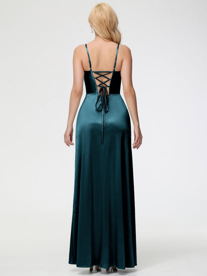 Bridesmaid Dresses Peacock Spaghetti Straps V-Neck Floor Length Stretch Satin Bridesmaid Dress With Slit