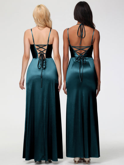 Bridesmaid Dresses Peacock Spaghetti Straps V-Neck Floor Length Stretch Satin Bridesmaid Dress With Slit