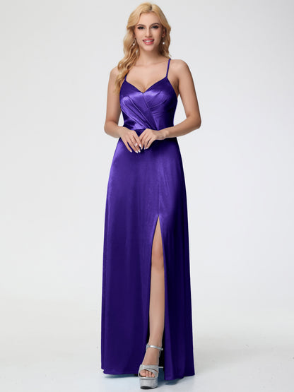 Regency Bridesmaid Dresses Spaghetti Straps V-Neck Pleated Open Back Stretch Satin Bridesmaid Dress With Slit