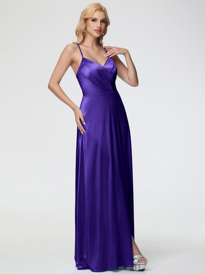 Regency Bridesmaid Dresses Spaghetti Straps V-Neck Pleated Open Back Stretch Satin Bridesmaid Dress With Slit