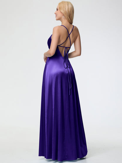 Regency Bridesmaid Dresses Spaghetti Straps V-Neck Pleated Open Back Stretch Satin Bridesmaid Dress With Slit