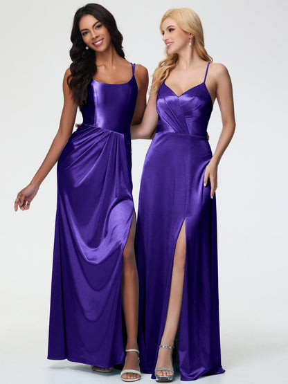 Regency Bridesmaid Dresses Spaghetti Straps V-Neck Pleated Open Back Stretch Satin Bridesmaid Dress With Slit