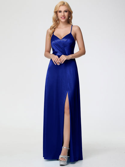 Royal Blue Bridesmaids Dresses Spaghetti Straps V-Neck Pleated Open Back Stretch Satin Bridesmaid Dress With Slit