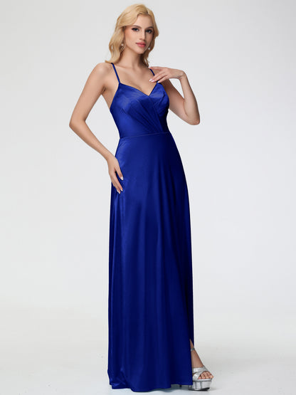 Royal Blue Bridesmaids Dresses Spaghetti Straps V-Neck Pleated Open Back Stretch Satin Bridesmaid Dress With Slit
