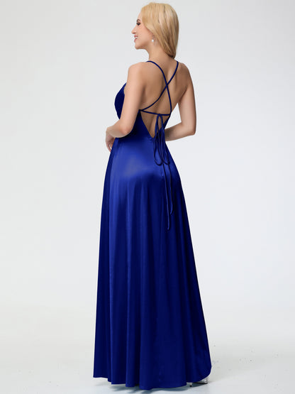 Royal Blue Bridesmaids Dresses Spaghetti Straps V-Neck Pleated Open Back Stretch Satin Bridesmaid Dress With Slit