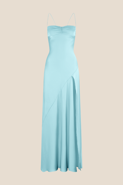 Straps Light Blue Soft Satin Long Dress