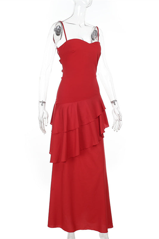Straps Red Chiffon Tiered Maxi Dress