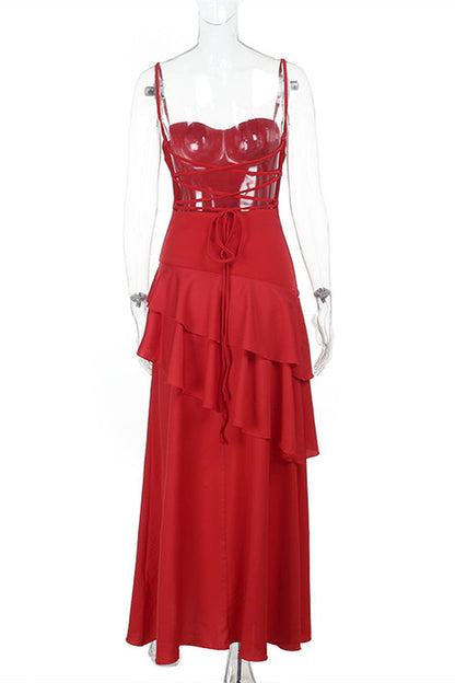 Straps Fuchsia Chiffon Tiered Maxi Dress