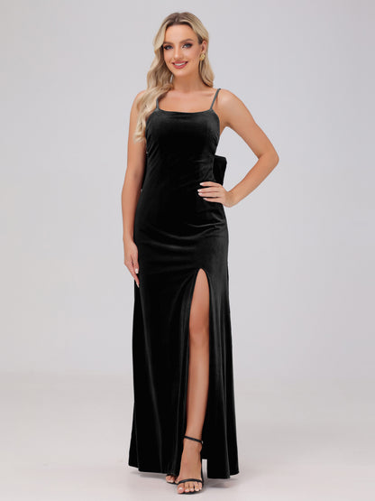 Spaghetti Straps Back Bowknot Velvet Bridesmaid Dresses with Slit