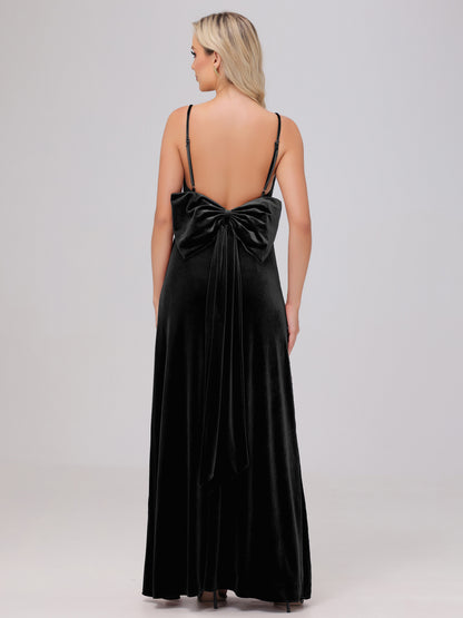 Spaghetti Straps Back Bowknot Velvet Bridesmaid Dresses with Slit