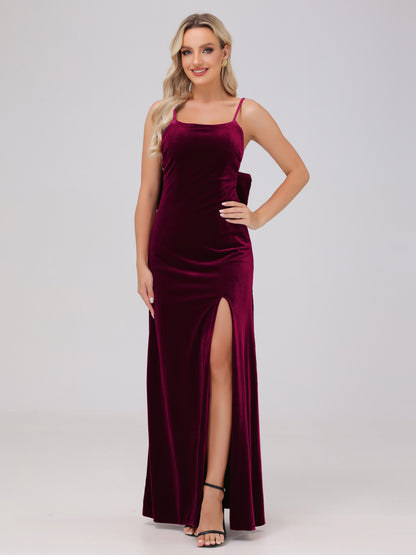 Spaghetti Straps Back Bowknot Velvet Bridesmaid Dresses with Slit