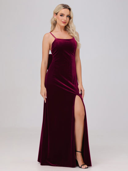 Spaghetti Straps Back Bowknot Velvet Bridesmaid Dresses with Slit