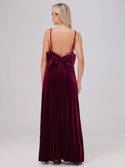 Spaghetti Straps Back Bowknot Velvet Bridesmaid Dresses with Slit