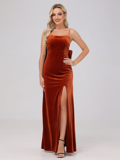 Spaghetti Straps Back Bowknot Velvet Bridesmaid Dresses with Slit