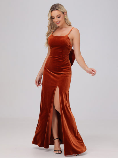 Spaghetti Straps Back Bowknot Velvet Bridesmaid Dresses with Slit
