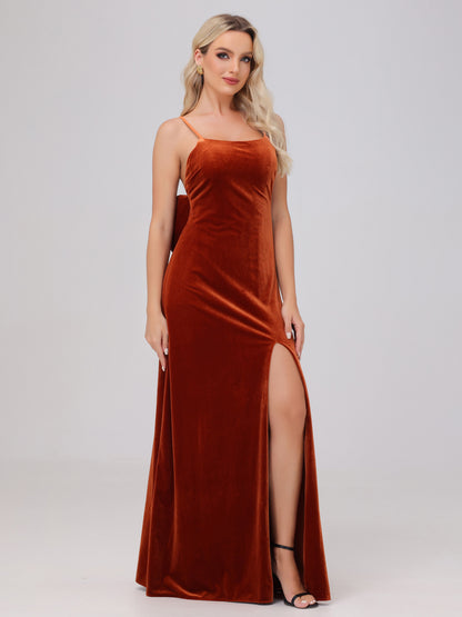 Spaghetti Straps Back Bowknot Velvet Bridesmaid Dresses with Slit