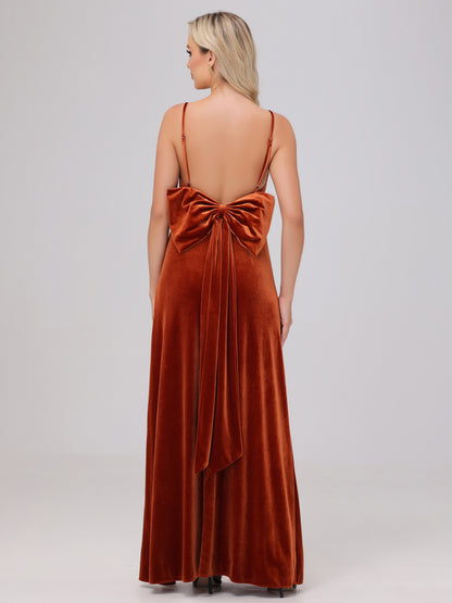 Spaghetti Straps Back Bowknot Velvet Bridesmaid Dresses with Slit