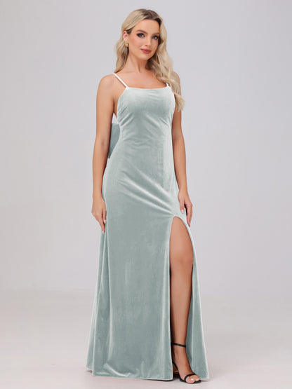 Spaghetti Straps Back Bowknot Velvet Bridesmaid Dresses with Slit