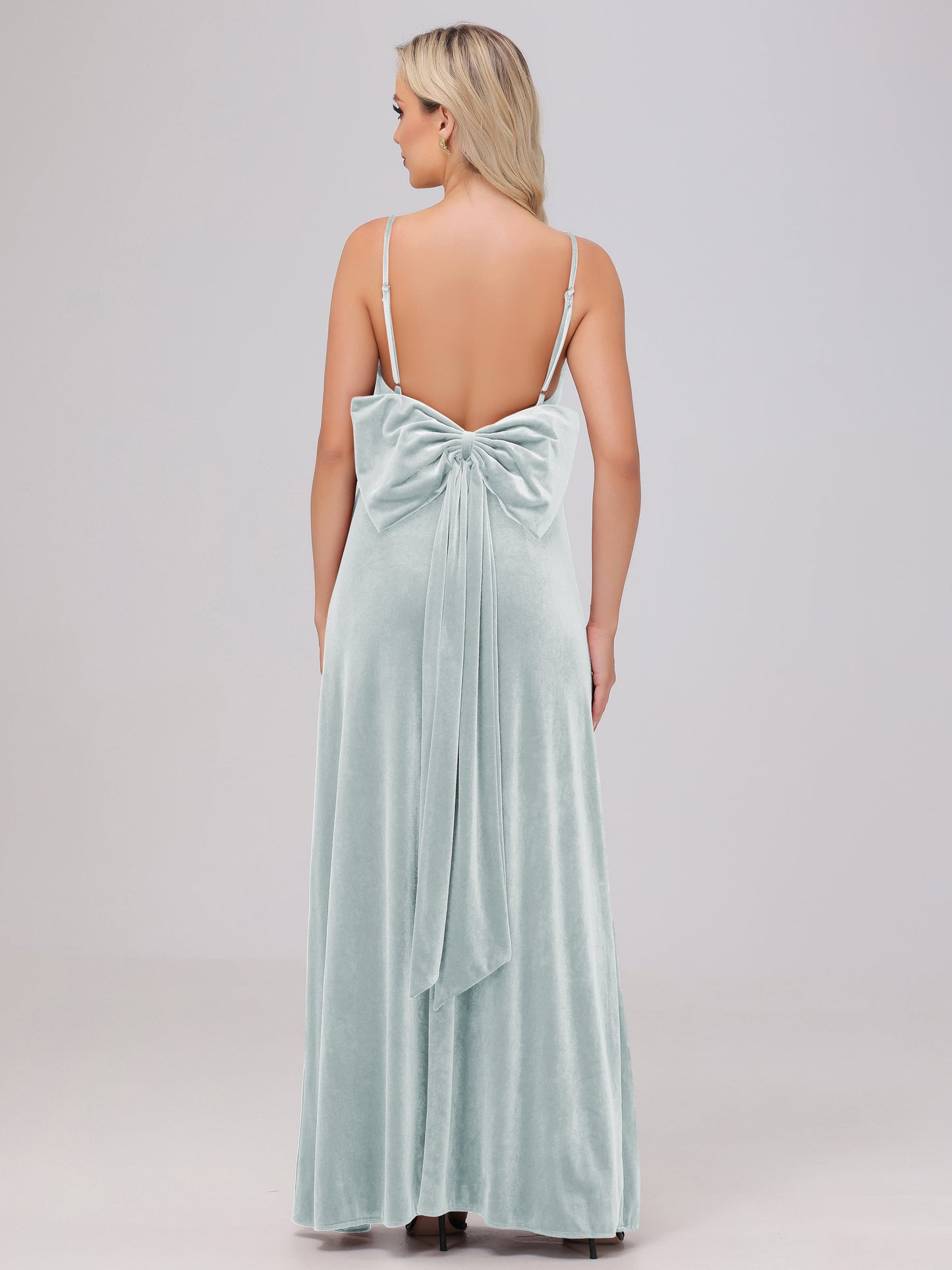 Spaghetti Straps Back Bowknot Velvet Bridesmaid Dresses with Slit