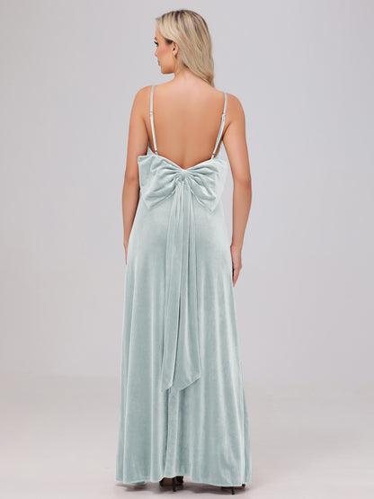 Spaghetti Straps Back Bowknot Velvet Bridesmaid Dresses with Slit