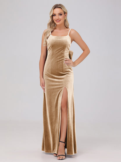Spaghetti Straps Back Bowknot Velvet Bridesmaid Dresses with Slit