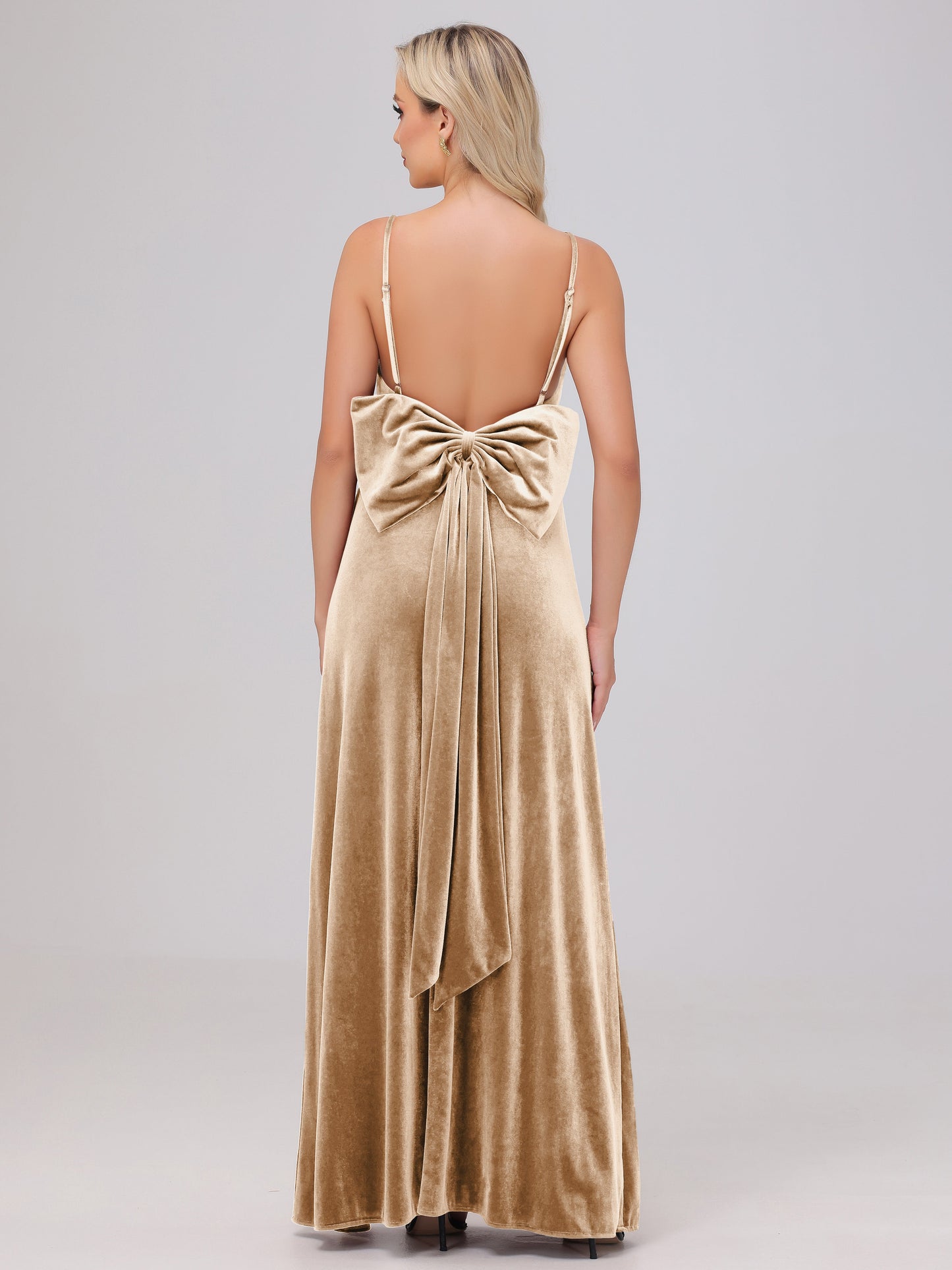 Spaghetti Straps Back Bowknot Velvet Bridesmaid Dresses with Slit