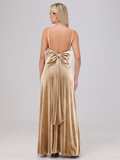 Spaghetti Straps Back Bowknot Velvet Bridesmaid Dresses with Slit