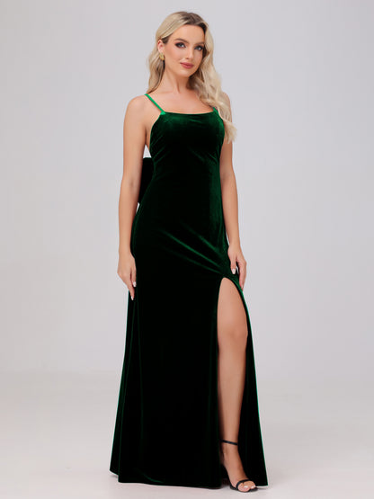 Spaghetti Straps Back Bowknot Velvet Bridesmaid Dresses with Slit