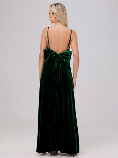 Spaghetti Straps Back Bowknot Velvet Bridesmaid Dresses with Slit