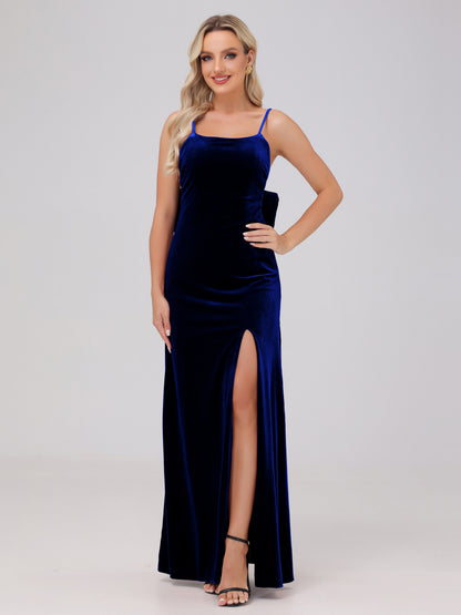 Spaghetti Straps Back Bowknot Velvet Bridesmaid Dresses with Slit