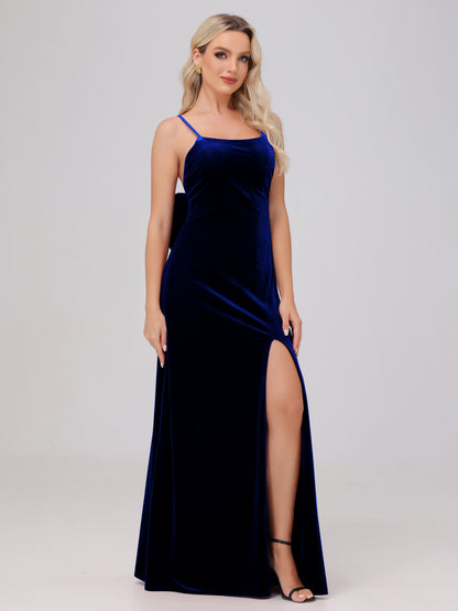 Spaghetti Straps Back Bowknot Velvet Bridesmaid Dresses with Slit